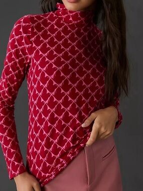 Anthropologie Red & Pink Patterned Long Sleeve Mock Neck Top